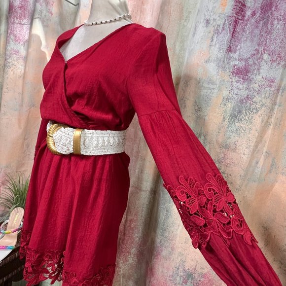 📌Flying Tomato  Dark Fuchsia Dress with Beautiful Lace Details & Wide Belt - Picture 5 of 16